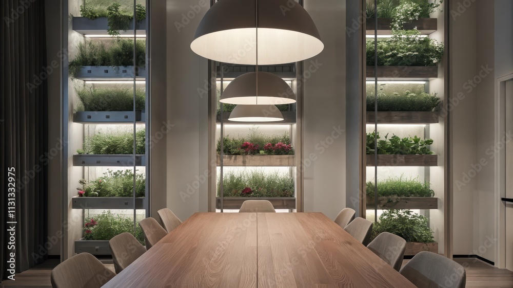 Aufkleber an elegant dining area with a large wooden table is surrounded by vertical planters filled with herb