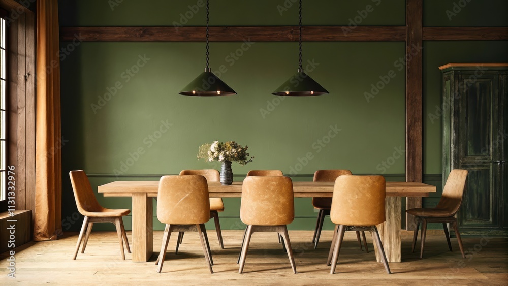 Aufkleber An elegant dining space with a long rustic wooden table surrounded by mismatched chairs accented by a simple floral arrangement and an industrial chandelier hanging overhead.