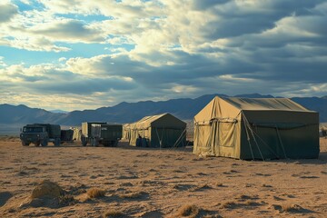 Military field base situated in desert terrain showcasing tents and cargo trucks under a vast sky