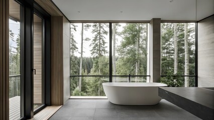 Fototapeta premium A modern bathroom with a freestanding soaking tub positioned next to floortoceiling windows allowing for a tranquil experience with sights of the urban forest beyond complemented