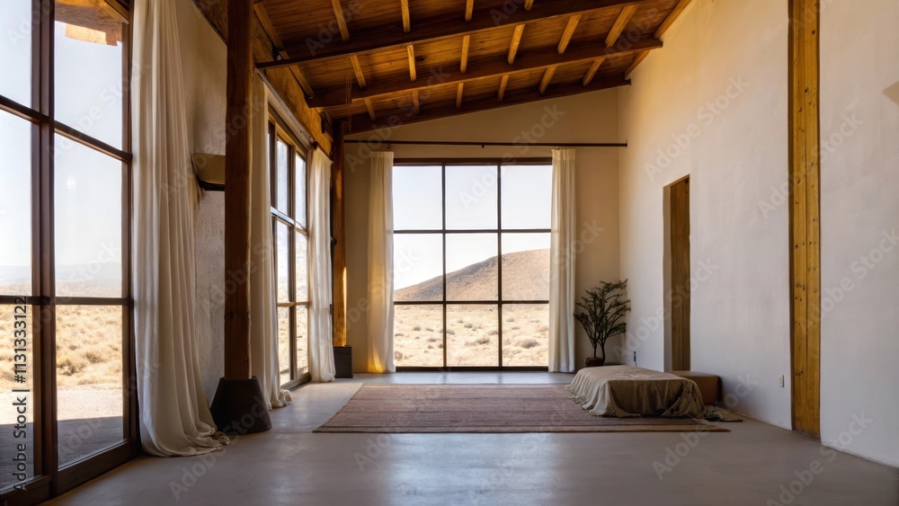 Poster a spacious loftstyle studio with high ceilings featuring a blend of warm wood beams and soft textile