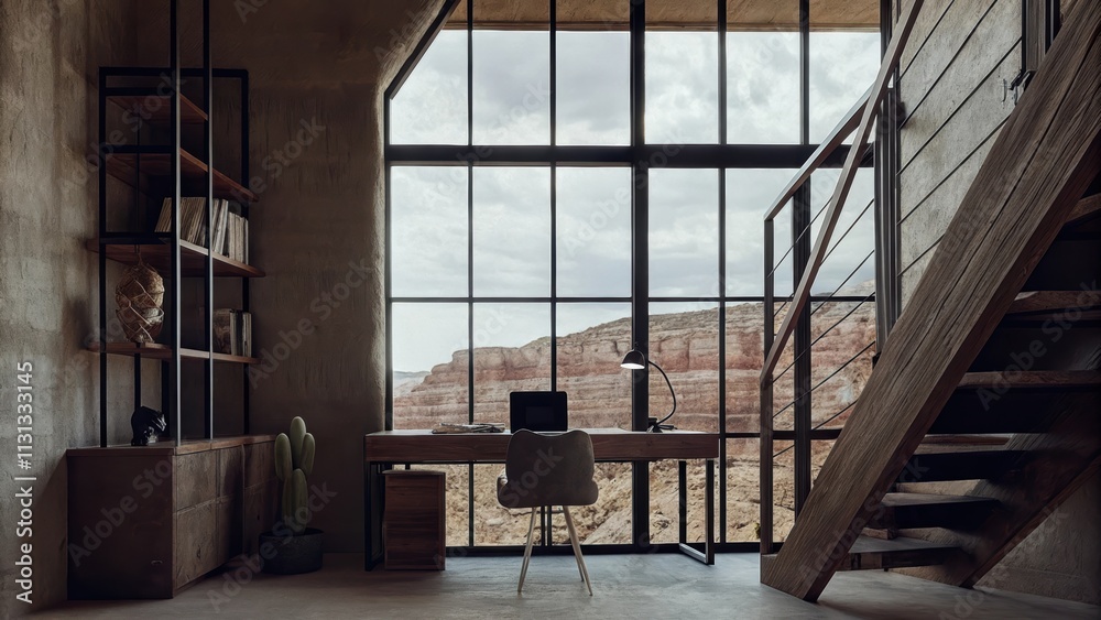 Poster an openconcept workspace includes a large desk positioned in front of a wall of glass where the scen