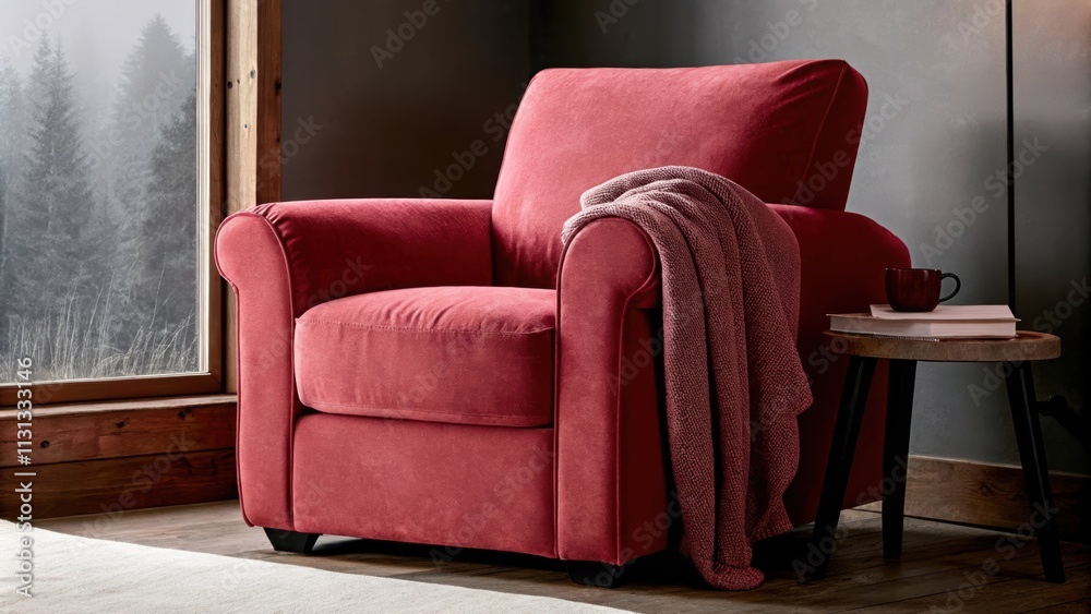 Poster a cozy reading nook tucked beside a window featuring a plush armchair in taupe an organic cotton bla