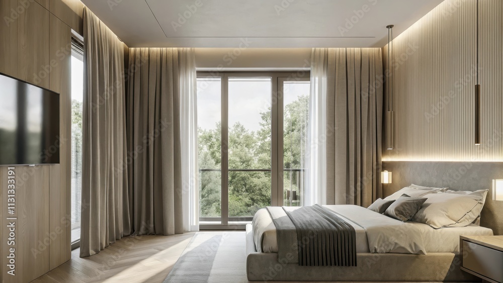 Poster a serene bedroom with soft gray tones a kingsized bed dressed in luxurious linens and large windows 