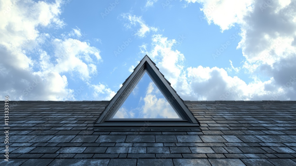 Poster Triangular window on a roof reflecting blue sky and clouds showcasing architectural design and serenity in a close up perspective