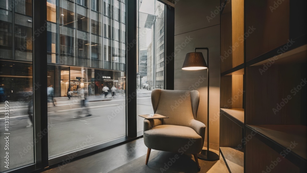 Poster A cozy reading nook nestled beside floortoceiling windows with a plush armchair and a small bookshelf creating a serene retreat amidst the hustle and bustle visible beyond the