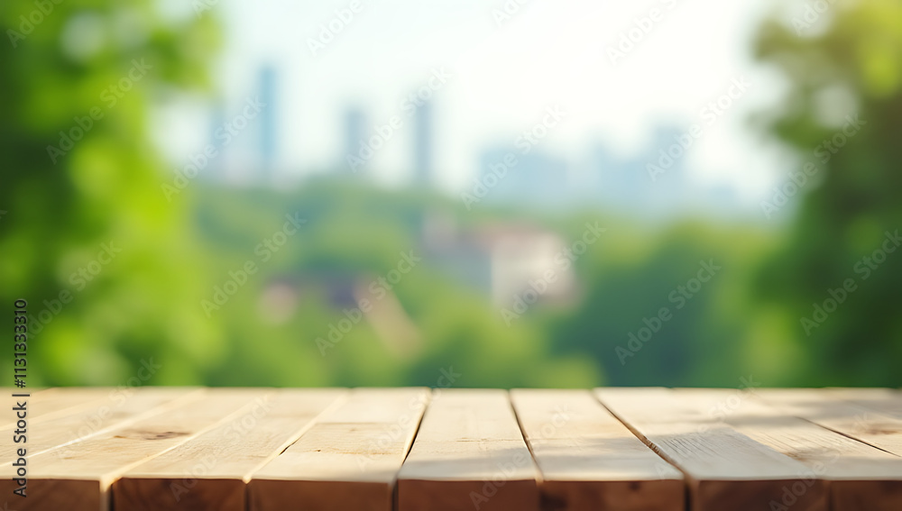 Poster A minimalist wooden table sits atop a blurred background of lush greenery and cityscapes for a unique product display concept._00001_