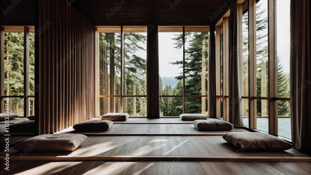 Poster a tranquil meditation room lined with floortoceiling windows soft floor cushions and natural wood de