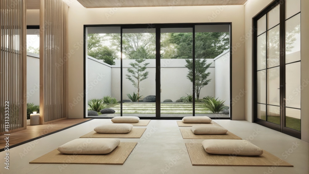 Poster a meditation space offers a calming atmosphere with soft mats and cushions set against a wall of gla