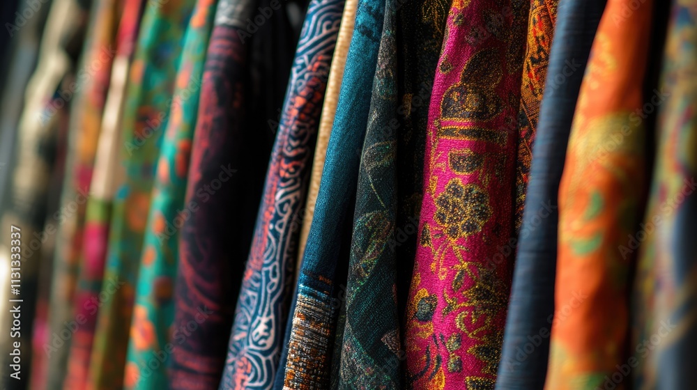 Aufkleber colorful textiles displayed on hangers showcasing intricate patterns and rich fabric textures in a c