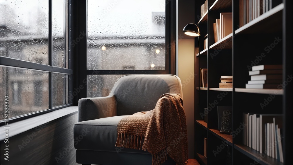 Poster a small reading nook adorned with a faded armchair and a knitted throw surrounded by shelves lined w