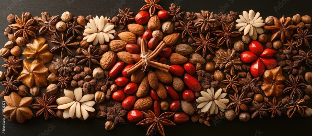 Poster Artistic arrangement of spices nuts and fruits creating a festive Christmas tree design from a bird's eye view celebration of holiday creativity