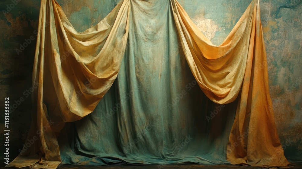 Poster Elegant draped fabrics in soft hues of blue and gold creating a textured backdrop for artistic interior design or photography settings