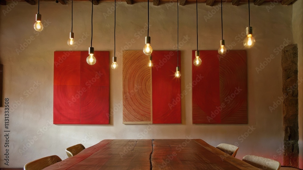 Poster a minimalist dining space with a long rustic wooden table set for four suspended edison bulb lightin