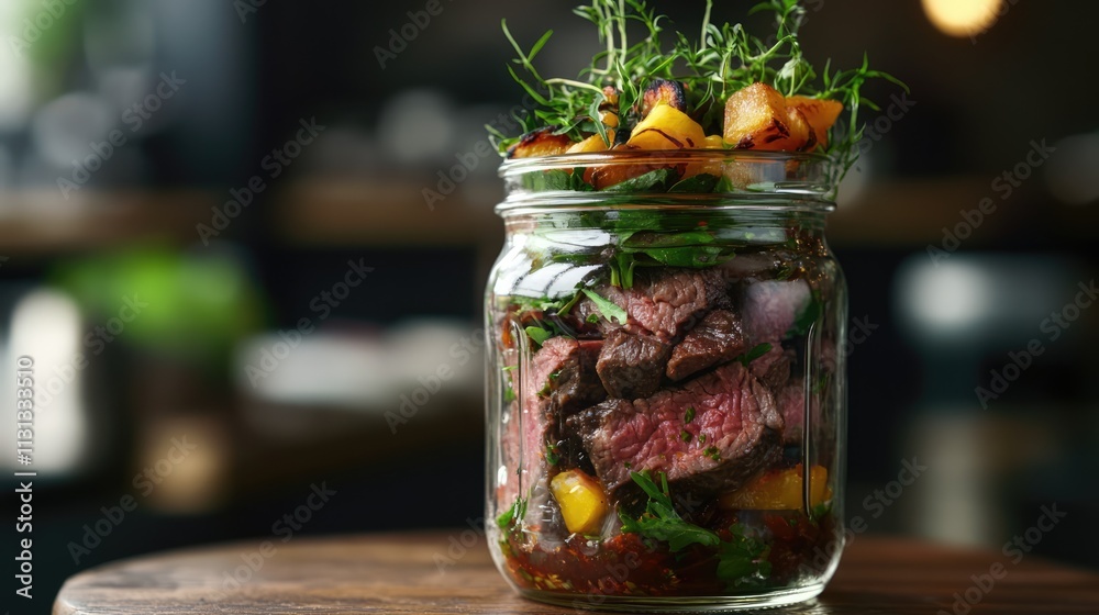 Poster close up of a mason jar filled with delectable beef salad topped with fresh herbs and vibrant vegeta