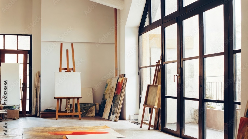 Poster An artists studio occupies one corner with easels set against a backdrop of expansive windows. Canvases lean against the walls and natural light floods the space illuminating the