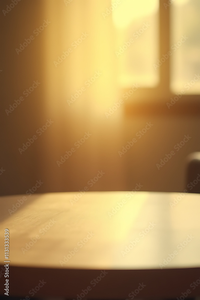 Aufkleber A minimalist table top appears empty except for a blurred golden glow in the background creating an abstract scene._00002_