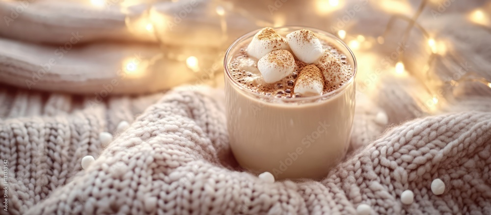Poster cocoa drink with marshmallows and cacao powder on cozy sweater background with ambient lights for a 