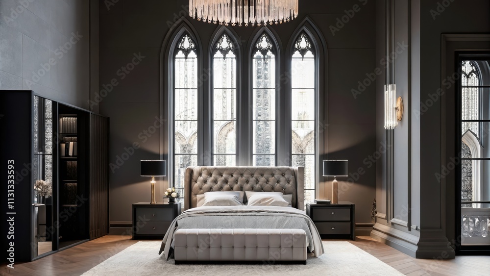 Poster a luxurious master bedroom with a tufted headboard and plush bedding centered beneath a grand ceilin