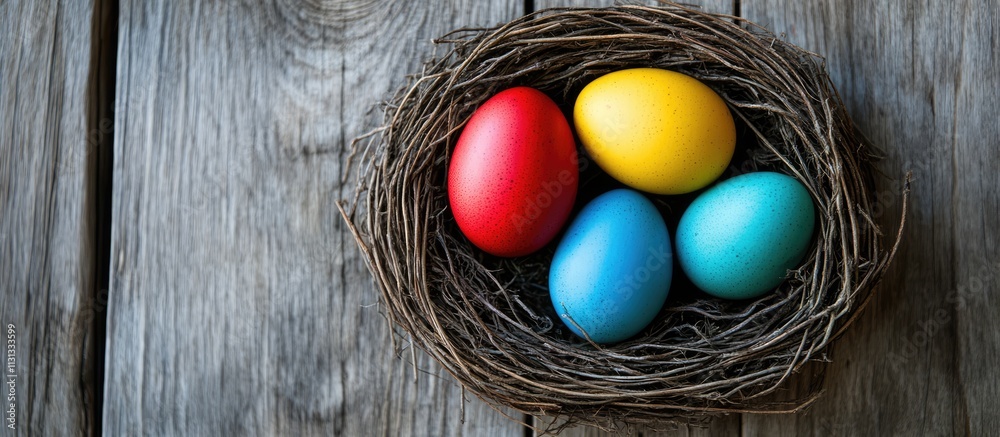 Poster colorful easter eggs nestled in a rustic nest on a weathered wooden surface highlighting festive spr