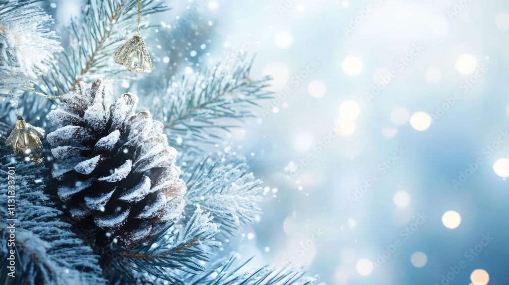 Poster christmas tree branch with snowy pine cone and subtle blue bokeh background for festive seasonal the
