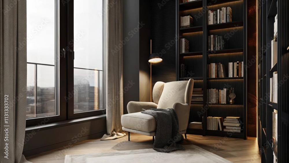 Poster a cozy reading nook is nestled by a large window complete with a plush armchair oversized bookshelf 