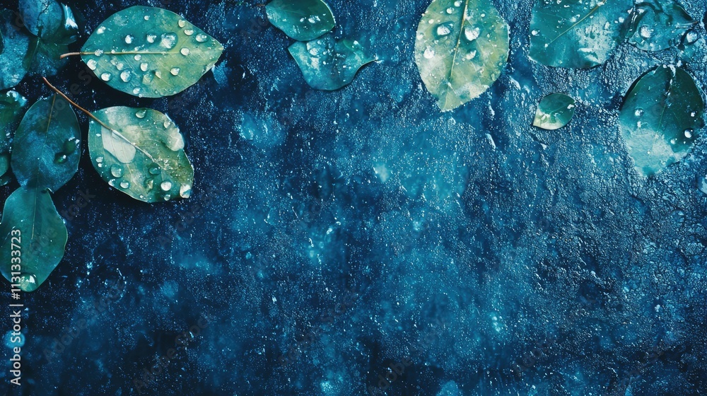 Poster abstract close up of rain droplets on lush green leaves against a dark textured background creating 