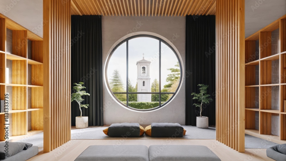Poster A serene meditation room with soft neutral tones and minimal furniture featuring a large circular window that frames the bell tower outside complemented by cushions on the floor