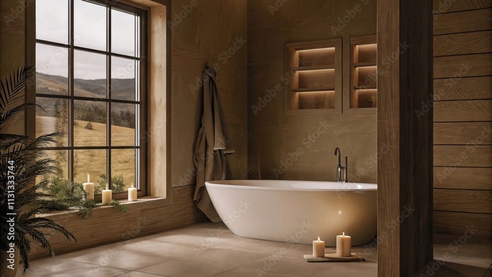 Poster a spacious bathroom boasts a freestanding tub p near a window surrounded by candles and plants with 