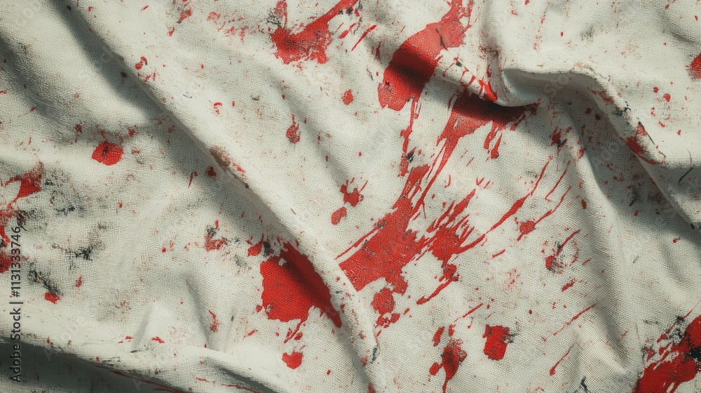 Poster Detailed view of a drop cloth stained with vibrant red paint spills and splotches creating an artistic texture background for creative projects