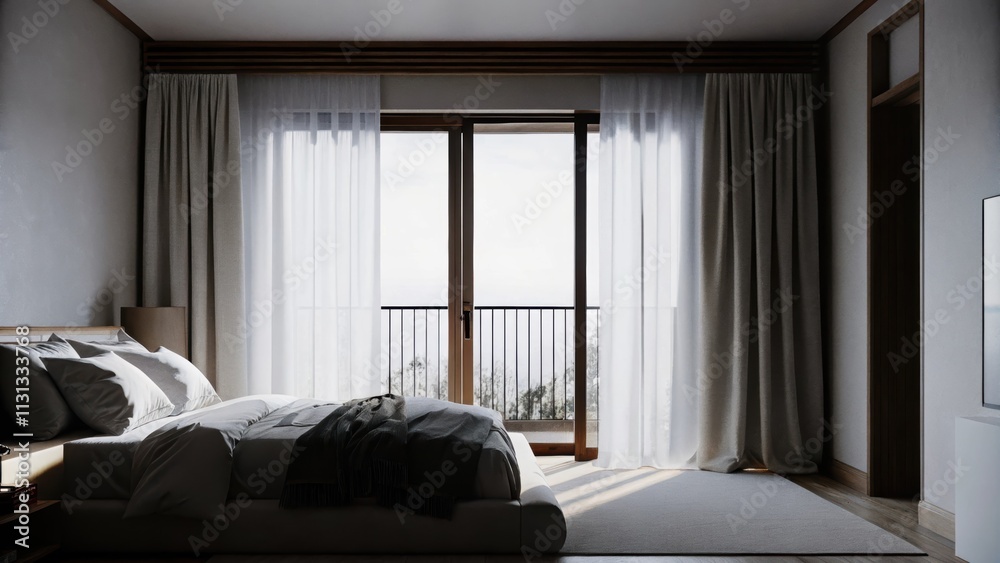 Aufkleber A serene bedroom with a large bed dressed in soft linens as the early light filters in casting calm shadows and creating a peaceful ambiance.