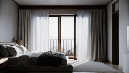 Fototapeta premium A serene bedroom with a large bed dressed in soft linens as the early light filters in casting calm shadows and creating a peaceful ambiance.