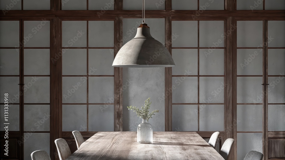 Poster a spacious dining area featuring a reclaimed wood table surrounded by simple backless chairs. a sing