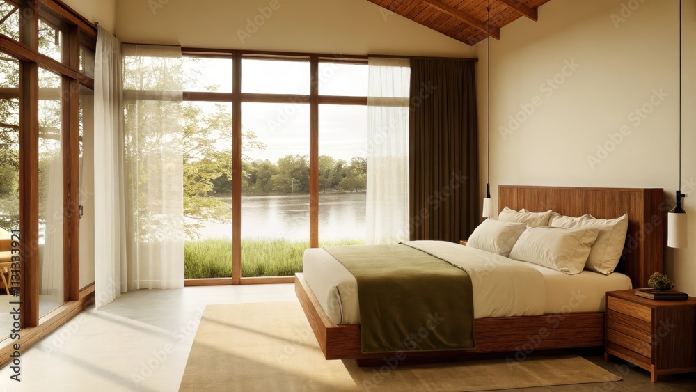 Poster a tranquil bedroom is decorated in soft earthy tones with a large bed positioned to overlook the riv