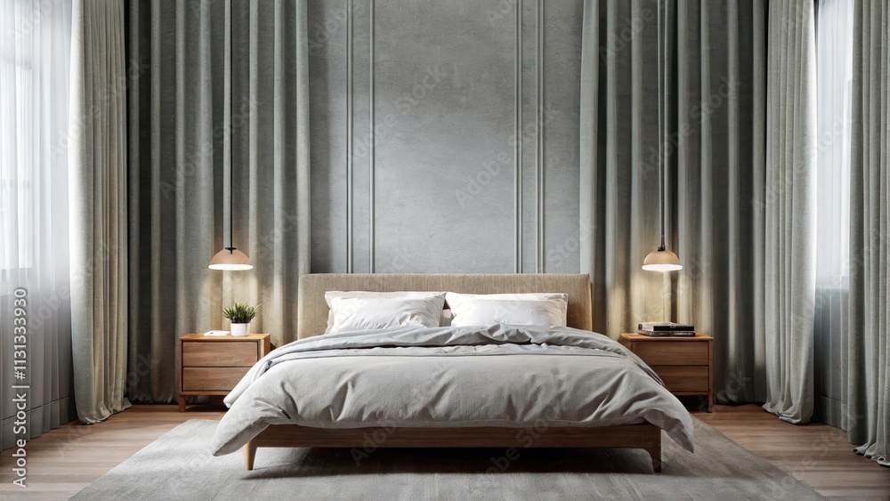 Poster a serene bedroom with soft gray walls and curtains that allow filter light. a lowprofile bed with a 