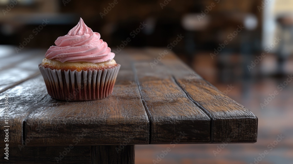 Aufkleber close up of a delicious cupcake with pink frosting on a rustic wooden table setting in a cozy cafe a