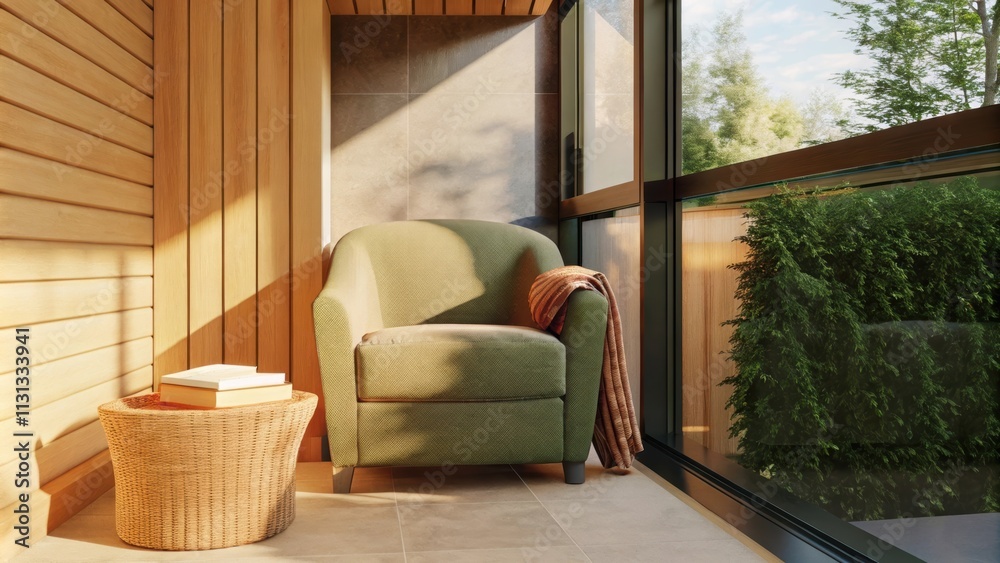 Poster A tranquil reading nook with a soft armchair in a muted earth tone positioned next to a large window. A small side table holds a single book and a woven basket filled with cozy