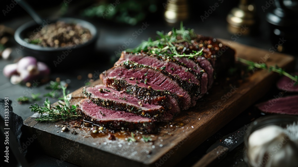 Poster sliced beef pastrami on wooden board garnished with herbs and spices in a rustic setting