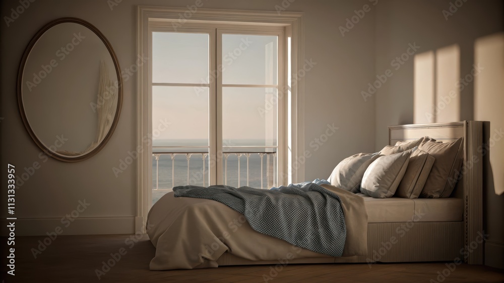 Poster a tranquil bedroom with a low profile bed dressed in light gray linens and a textured soft blue thro