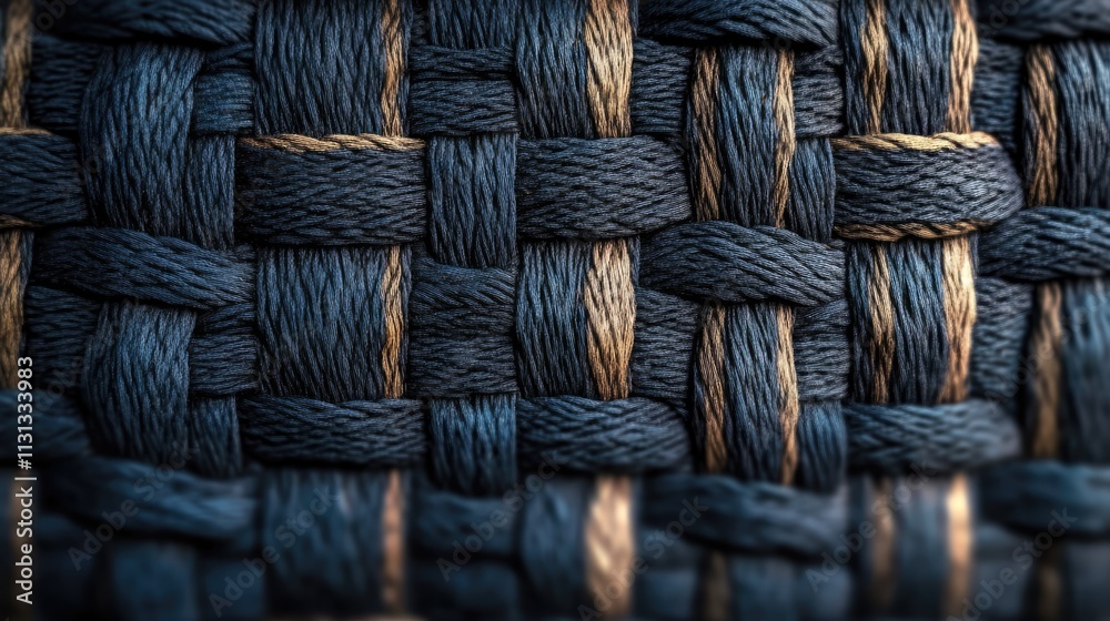 Poster woven textile fabric close-up showcasing intricate texture and design in deep blue and natural tones