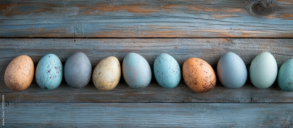 Aufkleber Colorful easter eggs arranged on a rustic wooden background creating a vibrant decorative display with ample copy space for text.