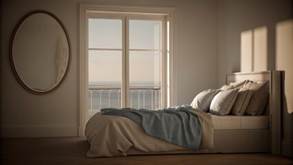 Fototapeta premium A tranquil bedroom with a low profile bed dressed in light gray linens and a textured soft blue throw. The walls are painted in a pale seafoam hue and a large circular mirror