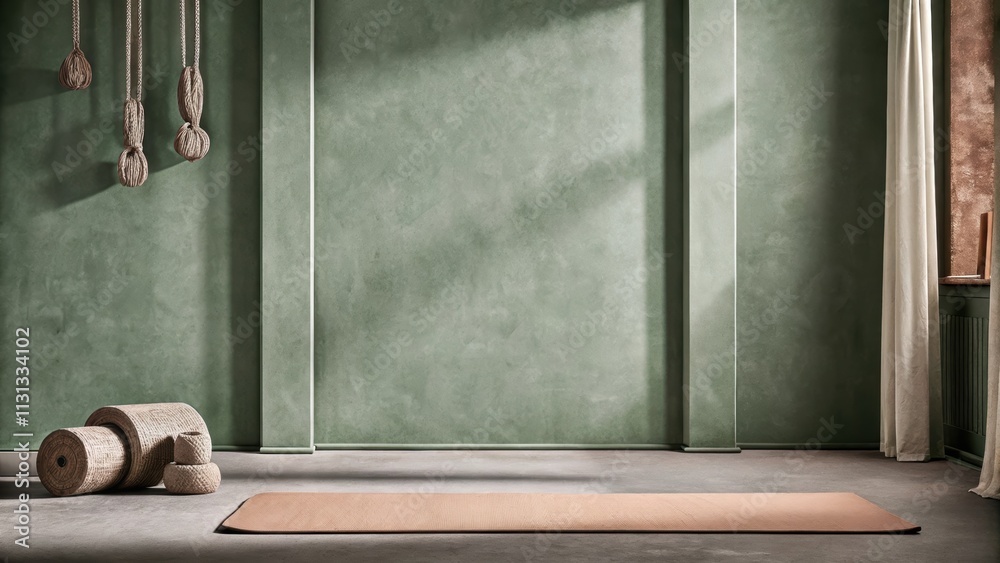 Poster A minimalist workout space with walls painted in a gentle sage a yoga mat in clay and decor elements that include textured stone weights and natural fiber wall hangings.