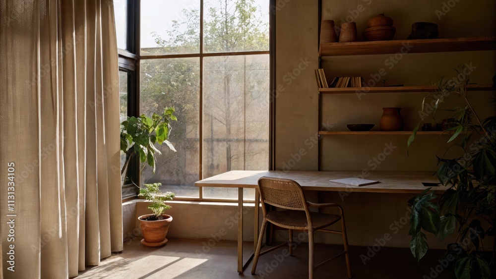Poster a sunlit workspace with a large window draped in linen curtains a simple lighthued desk paired with 