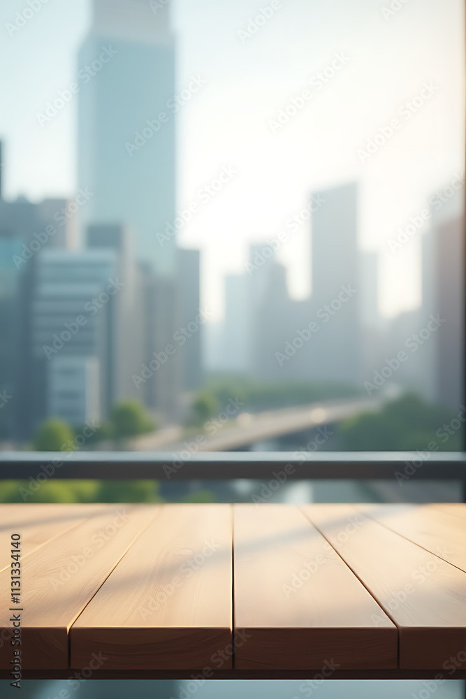 Poster A minimalist office setting features a wood table against a blurred cityscape background suitable for product displays or design visuals._00002_