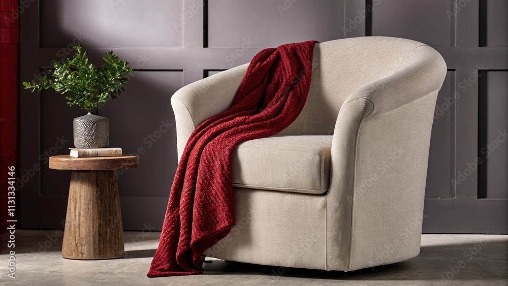 Poster An inviting reading nook with a softly rounded armchair in light beige linen paired with a small natural wood side table and a woolen throw d over the chair set beside a potted