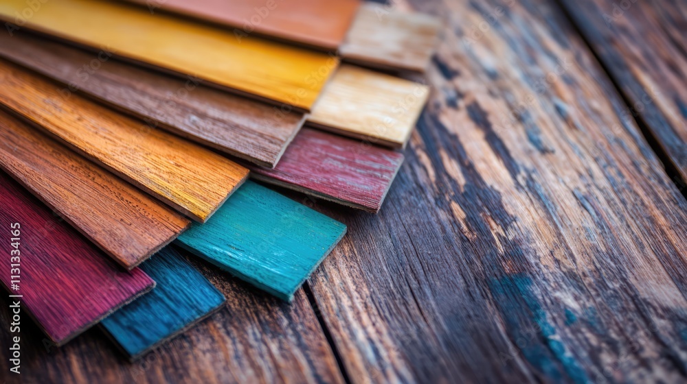 Aufkleber vibrant wooden color palette selection displayed on rustic wooden table showcasing various shades an