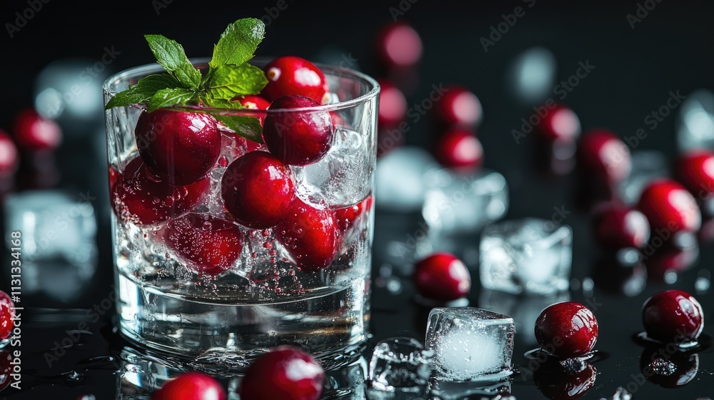 Poster fresh cranberries in vodka with ice cubes on a moody black background showcasing vibrant colors and 