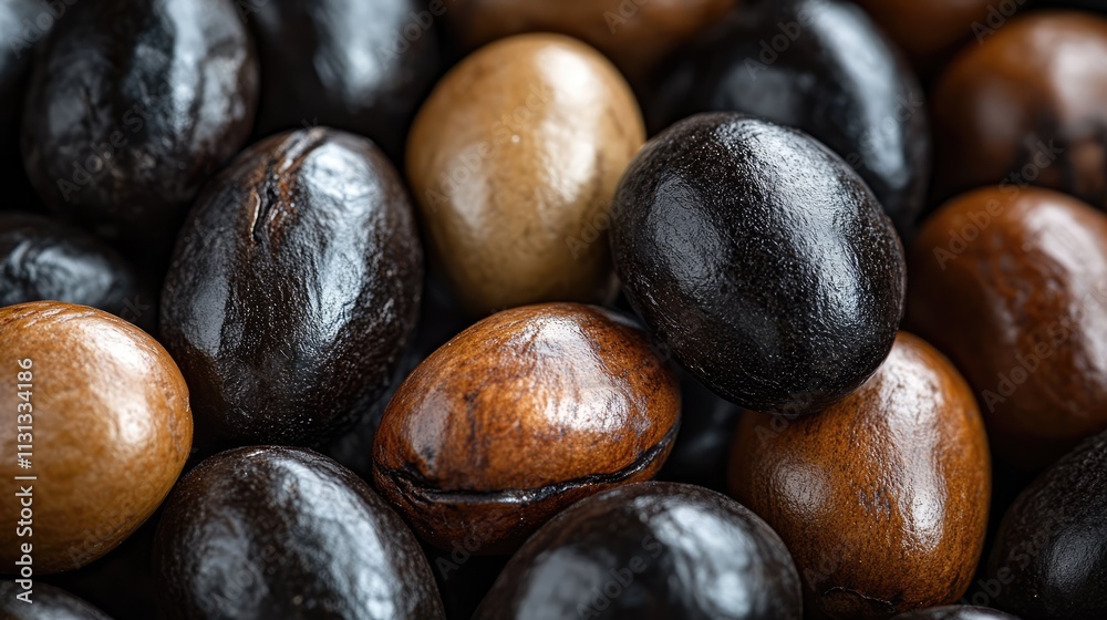 Poster macro shot of an assortment of roasted brown and black coffee beans displaying rich textures and col