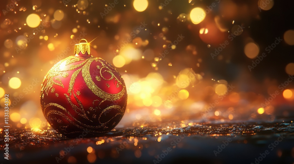 Poster Red Christmas ornament on a sparkling bokeh background creating a festive warm atmosphere for holiday celebrations and decorations